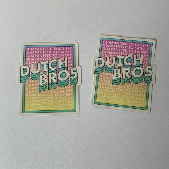 Dutch Bros Guaranteed to Satisfy Sticker Retro Style April 2021 Teal Pink Yellow - Picture 1 of 3